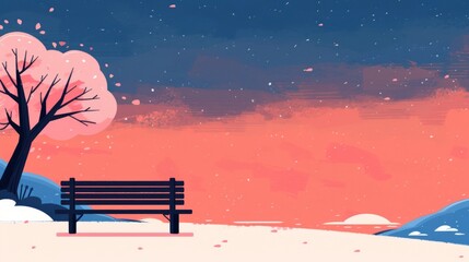 Serene landscape with a bench at dusk