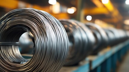 Metal wire rods in industrial setting showcasing production process in heavy manufacturing environment with blurred background and lighting.