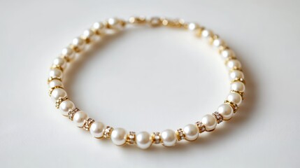 Obraz premium Elegant pearl necklace bracelet with gold accents displayed on a pristine white background for a luxurious accessory showcase.