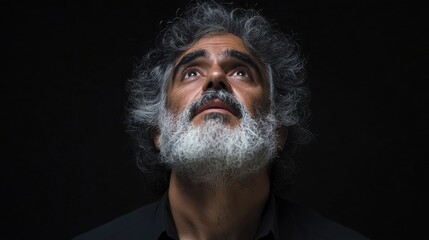 Portrait of thoughtful latin man with curly black hair and white beard expressing doubt while looking up against a dark background