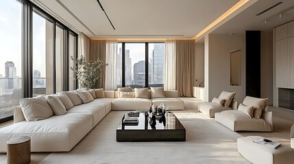A contemporary living room with a low-profile white sectional sofa, a minimalist glass coffee table, and oversized windows offering an expansive cityscape view.