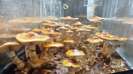 Psilocybe cubensis mushroom cultivation with liquid culture showcasing vibrant mycelium growth and mature fruiting bodies in a controlled environment