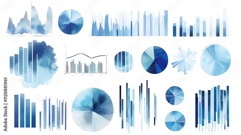Poster a collection of sleek bar graphs, pie charts, and line graphs rendered in blue and silver tones, arr