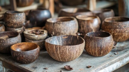 Fototapeta premium Coconut Shell Bowls Handcrafted Eco-Friendly Kitchenware Natural Decor