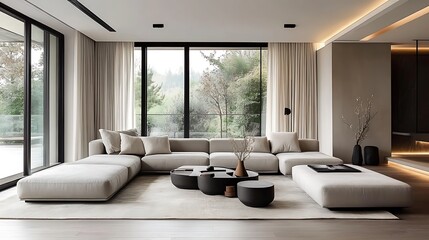 A minimalist living room with a gray modular sofa, sleek wooden flooring, and large panoramic windows. The natural light highlights the uncluttered design,