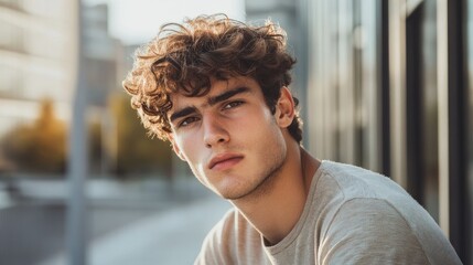 Thoughtful young man with curly hair gazing thoughtfully into the distance, capturing urban outdoor essence and pensive mood.