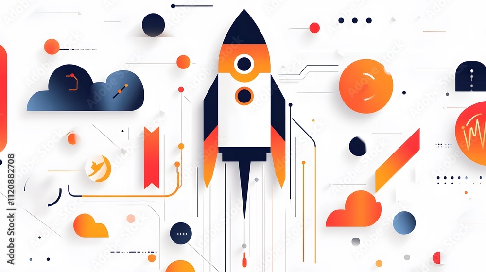 Poster A creative depiction of a rocket icon, graphs, and upward-moving lines symbolizing business growth and launch. White background. No shadow