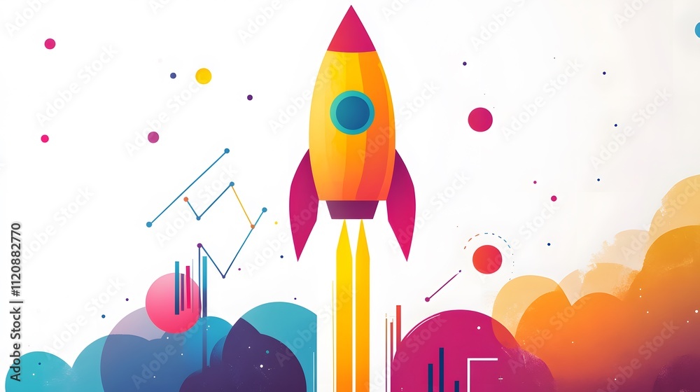 Poster A creative depiction of a rocket icon, graphs, and upward-moving lines symbolizing business growth and launch. White background. No shadow