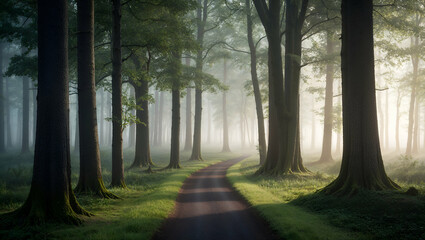 Fototapeta premium Serene forest path meandering through tall trees at dawn with soft mist creating an ethereal atmosphere