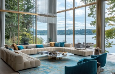 Fototapeta premium Modern living room with lake view, large sectional sofa, and floor-to-ceiling windows.