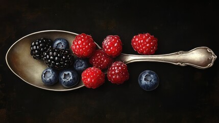 Mixed berries on an antique silver spoon against a dark background showcasing fresh raspberries...