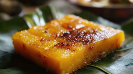 Rava kesari dessert beautifully presented on a vibrant banana leaf showcasing rich textures and colors in traditional Indian cuisine