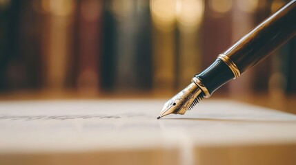 Vintage quill pen with shallow depth of field on a handwritten page surrounded by books in a classic library setting.