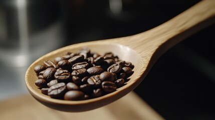 Obraz premium Raw coffee beans in a wooden spoon showcasing natural textures and colors in a cozy kitchen setting ideal for coffee-related content.