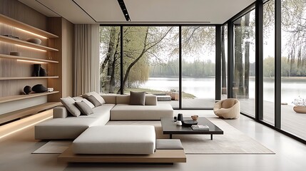 A bright and airy living room with a gray modular sofa, minimalist wooden shelving, and large glass panels providing a view of a tranquil lakeside. The natural light floods the room,