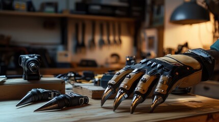 Obraz premium Protective gloves with drill and claw accessories on wooden workbench in a well-equipped construction workspace