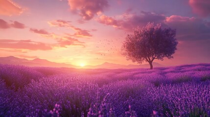 Lavender field in Provence France at sunset featuring vibrant colors and a solitary tree against a stunning sky backdrop