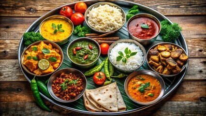 Vibrant Indian Thali with Kadai Bhindi, Mixed Vegetable Curry, Sambhar, Saag Paneer, Payasam, Mixed Pickle, and Chapati - A Culinary Delight
