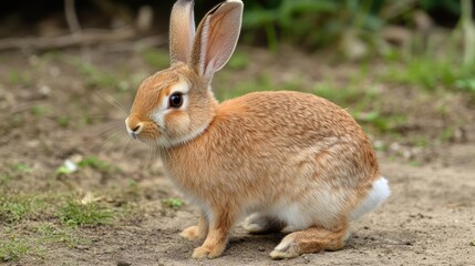 Fototapeta premium Cute female rabbit sitting on the ground in a natural outdoor setting surrounded by greenery and soft earth tones