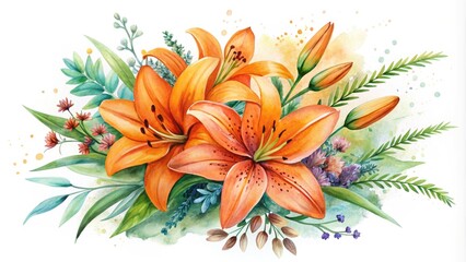 Vibrant Watercolor Orange Lily Flower Bouquet on White Background for Floral Designs, Home Decor, and Botanical Illustrations