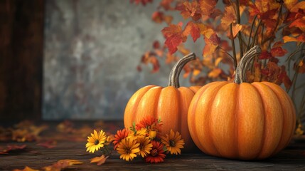 Vibrant autumn scene featuring pumpkins, fall leaves, and seasonal flowers evoking the warmth and charm of harvest decorations.
