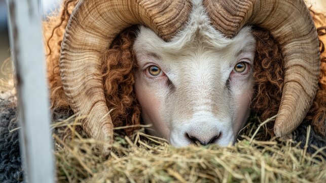 Close up of a majestic ram with twisted horns feeding on hay in a rustic farm setting behind a white fence