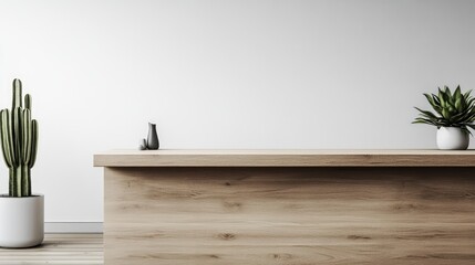 Obraz premium Scandinavian style reception desk with minimalistic design showcasing cactus and greenery in modern interior setting