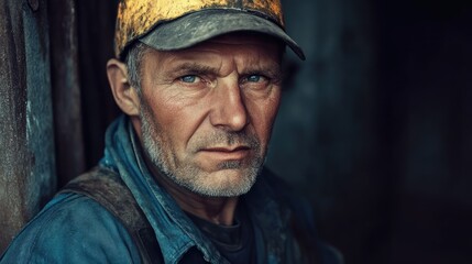 Obraz premium Weathered laborer with intense gaze wearing a yellow cap reflecting hard work and experience in a rustic setting.