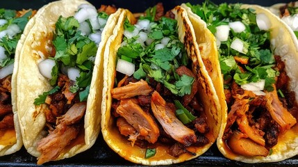 Authentic tacos al pastor freshly prepared in a bustling street stall showcasing vibrant ingredients and traditional presentation