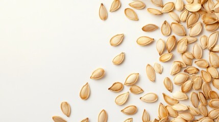 Pumpkin seeds scattered on a clean white background showcasing their natural texture and color perfect for autumn-themed food or health concepts