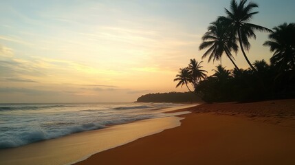 Serene sunset over tropical beach with palm trees.