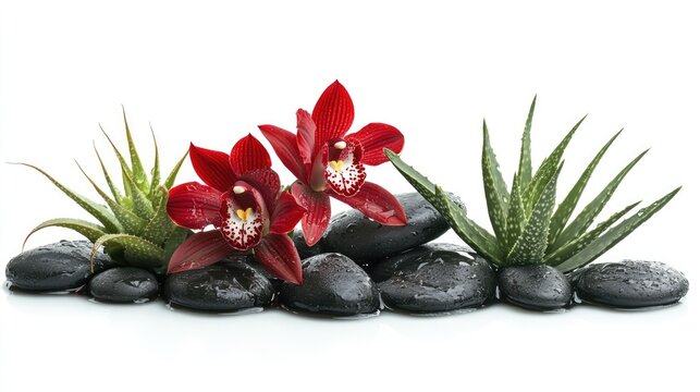 Elegant red orchid flowers on wet black stones with aloe vera plants, ideal for spa design and wellness concepts against a clean white background.