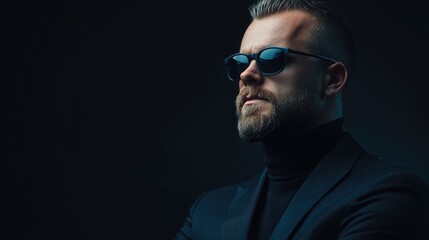 Obraz premium Stylish man in sunglasses wearing a black turtleneck suit posed dramatically against a dark background for a sophisticated look.