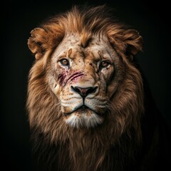 Majestic Lion with Battle Scars Staring Intently
