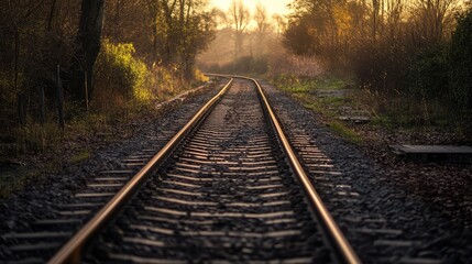Obraz premium Tranquil Sunset Over Abandoned Railway Tracks in Serene Natural Landscape