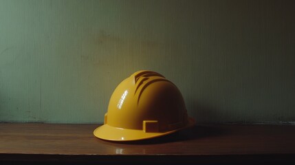 Yellow hard hat on wooden surface highlighting safety and construction themes in a minimalist setting for workplace safety imagery