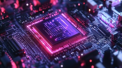 Obraz premium Futuristic quantum processor on a circuit board illuminated with vibrant neon lights showcasing advanced computing technology.