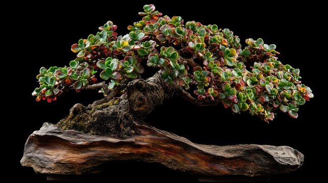 Bonsai Portulacaria afra set on textured wooden base, featuring lush green foliage in a stylish arrangement, perfect for home decor and plant enthusiasts, indoor gardening, botanical art.