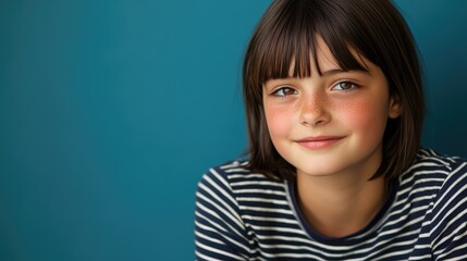 Obraz premium Happy preteen girl with short dark hair wearing a striped shirt, smiling and gazing away from the camera, set against a solid blue studio backdrop, portrait, children, happiness, studio photography.