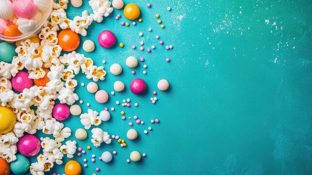 Colorful Treats of Popcorn and Candy on a Vibrant Blue Surface