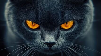 Close-up portrait of an adorable fluffy cat with striking yellow eyes showcasing its features in a dark background domestic pet concept