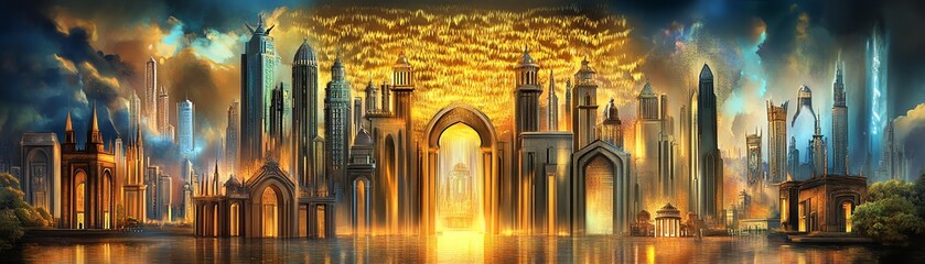 Imaginary cityscape with golden hues and surreal architectural elements under dramatic skies.