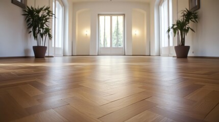 Parquet wooden floor in a serene yoga and dance studio with natural light and indoor plants
