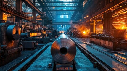 Preparing large steel rolls in an industrial lathe for refurbishment in a modern rolling mill facility under ambient lighting