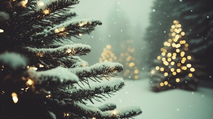 Snow Covered Christmas Tree with Lights and Falling Snow