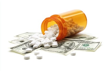 Bottle of white pills falling onto a pile of hundred dollar bills