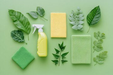 An overhead view of green cleaning supplies on a light green background