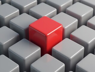 Fototapeta premium Red cube surrounded by gray cubes, 3D rendering