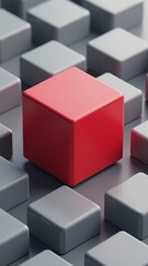 Red cube surrounded by gray cubes, 3D rendering