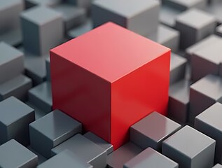 Obraz premium Red cube surrounded by gray cubes, 3D rendering